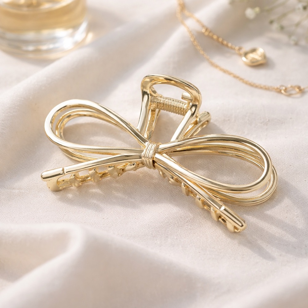 Gold metallic bow hair claw clip-elegant French style hair accessory